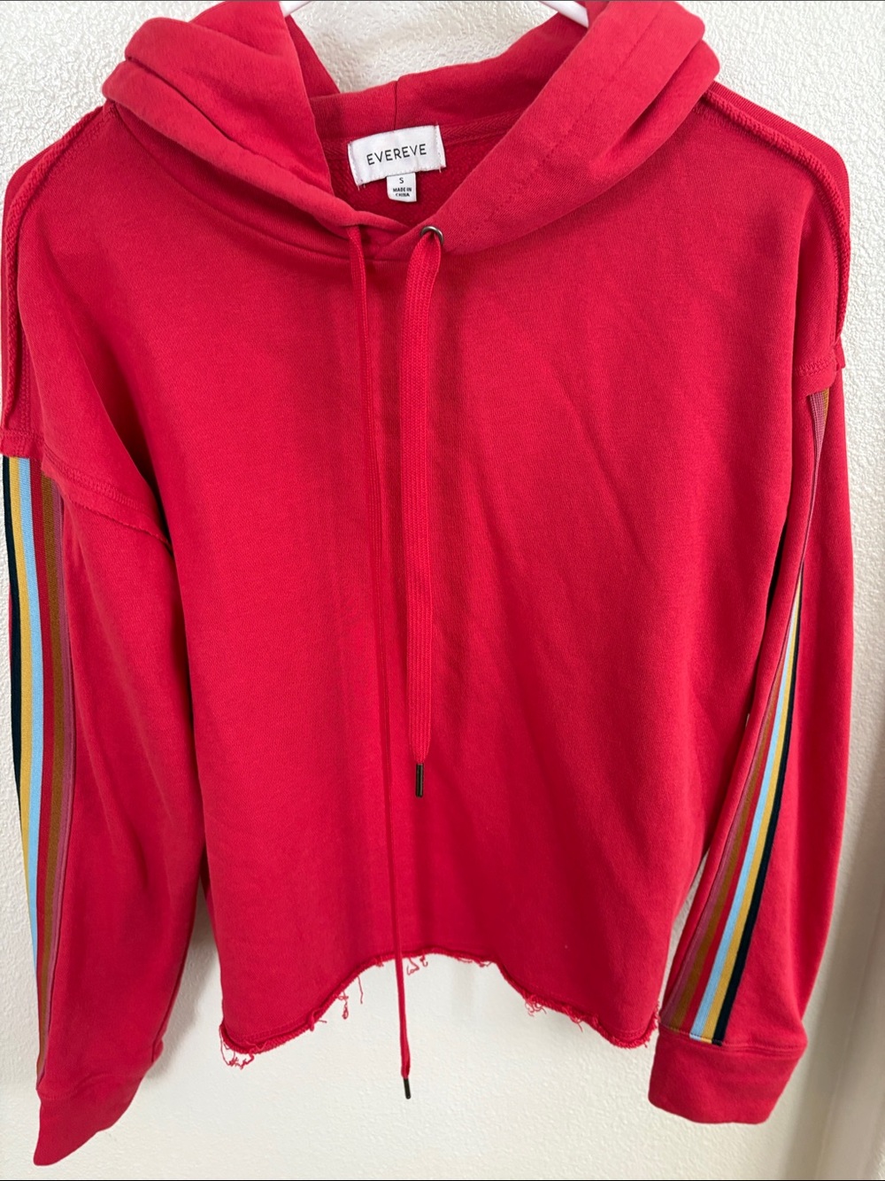 Evereve Bright Red Hooded Sweatshirt with Multicolor Stripe Sleeves